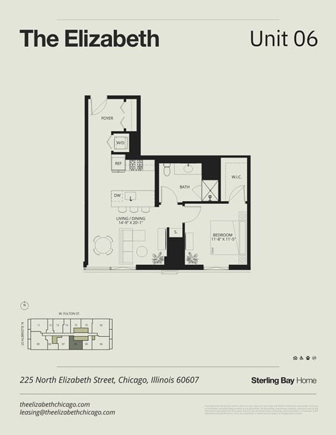 Floor plan for 1 bed, 1 bath, 784 sqft